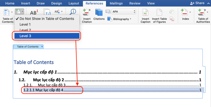 Cách hiển thị nhiều level khi tạo mục lục