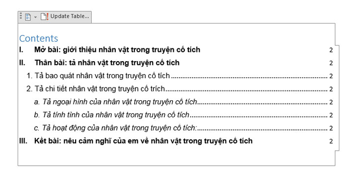 Xem mục lục được tạo