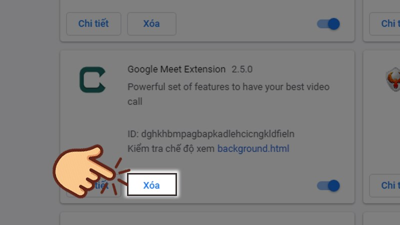 gỡ cài đặt tiện ích trên trình duyệt Chrome