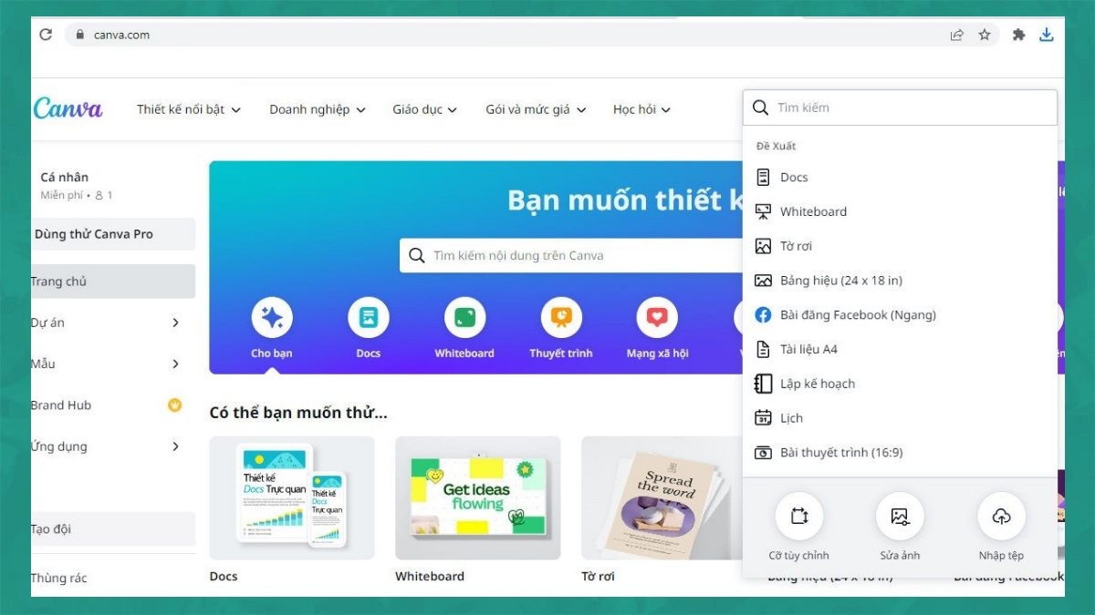 Tạo thiết kế mới và tải ảnh trên Canva