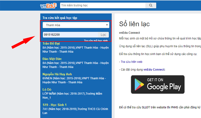 tra cứu điểm vnedu