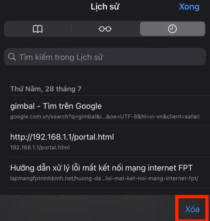 Tiến hành xóa lịch sử