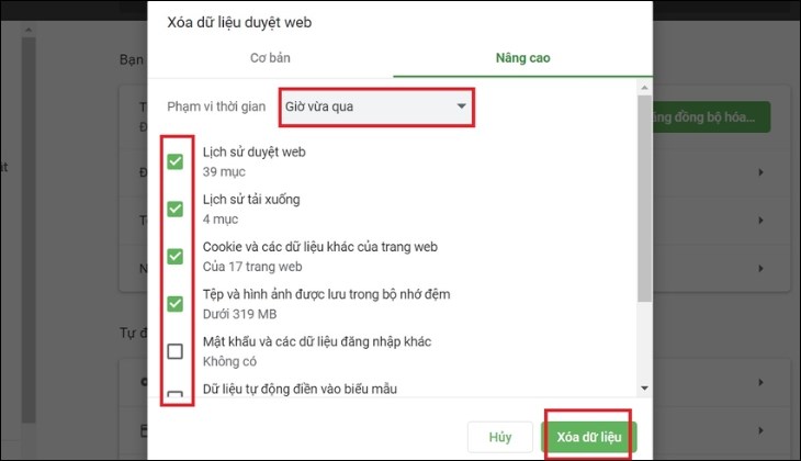 Xóa dữ liệu.