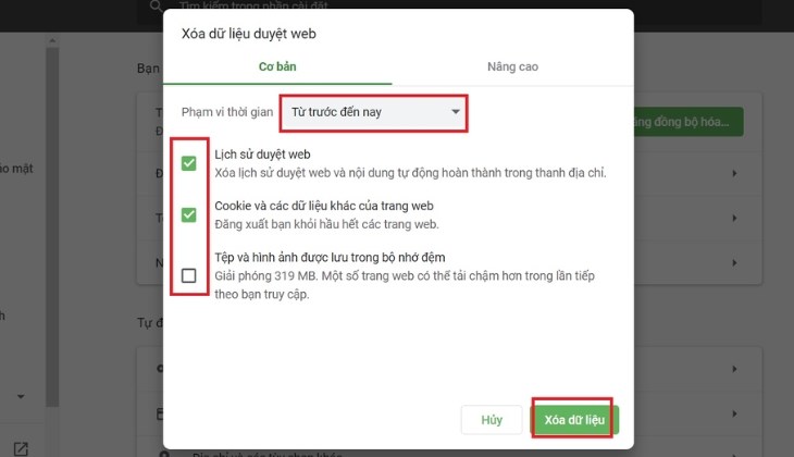 chi tiết dữ liệu cần xóa